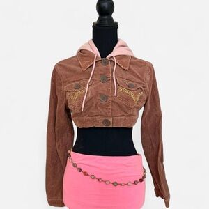 Plugg Y2K Vintage Cropped Corduroy Jacket w/ Pink Hood